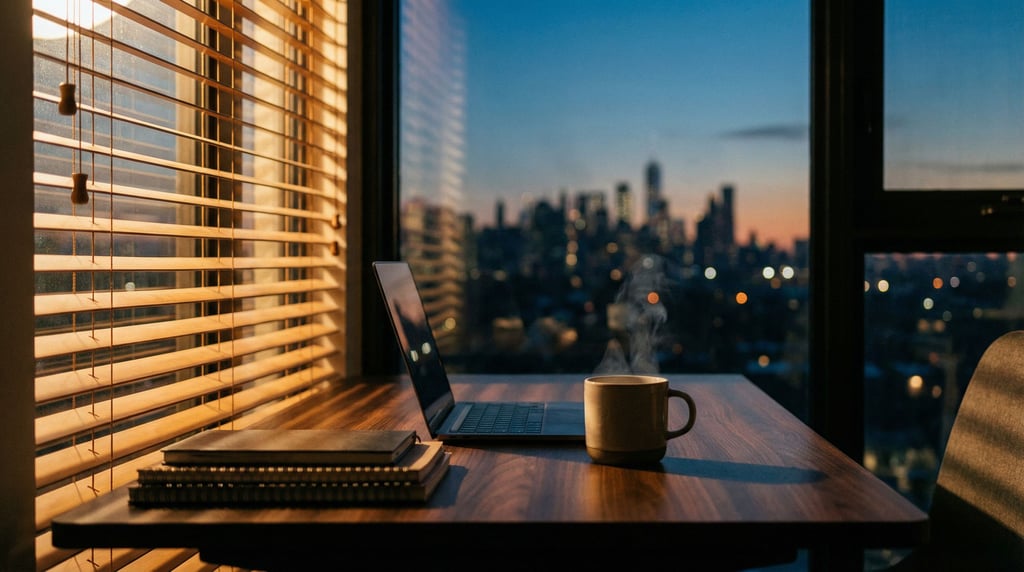 A modern studio apartment workspace, laptop on a walnut desk