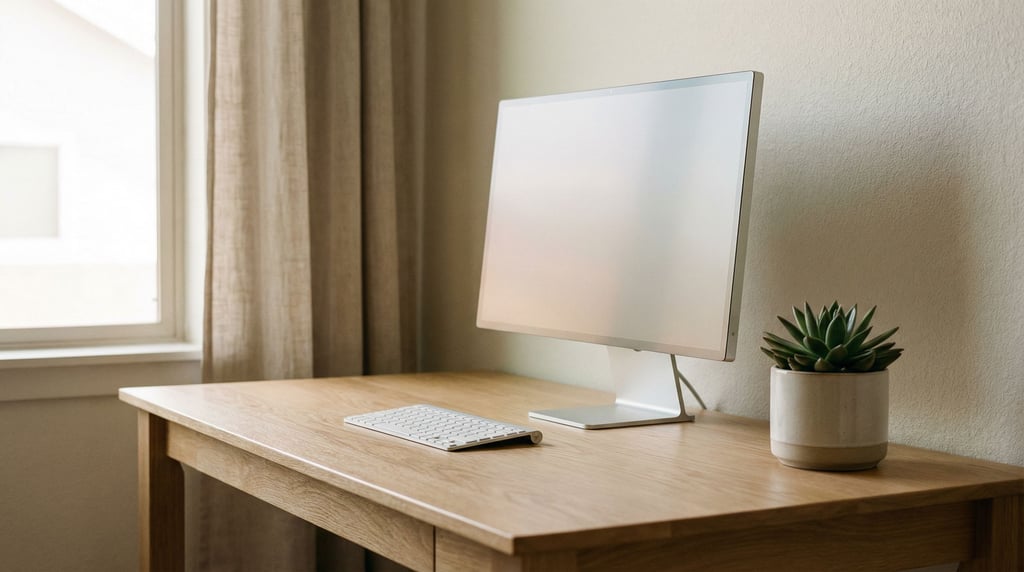 A sleek home office with a slim monitor on a white oak desk, wireless keyboard, single succulent (k64x4pnw)