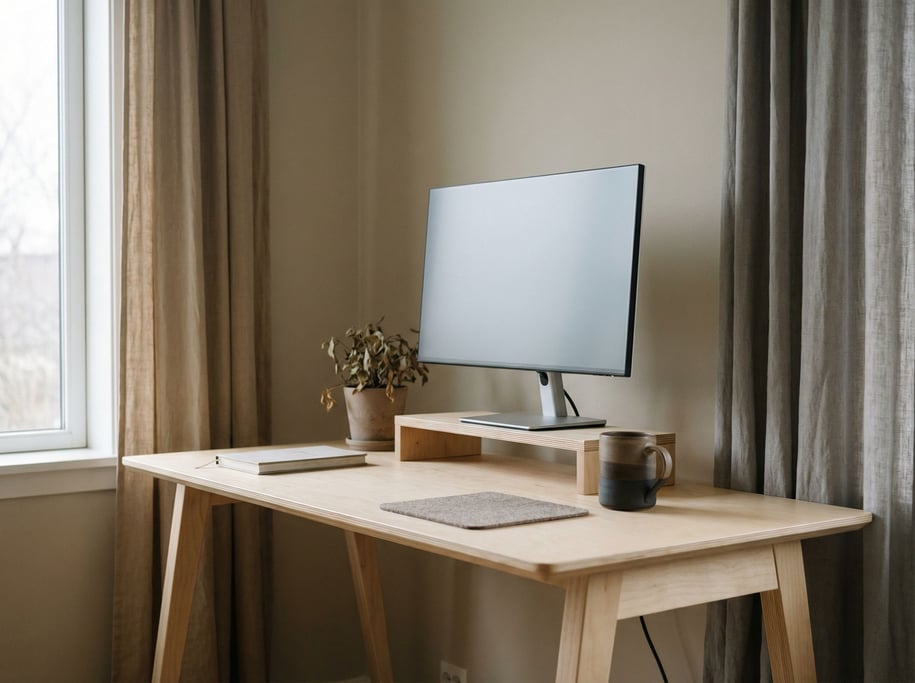 A minimal Scandinavian desk setup, light birch wood, slim monitor, single ceramic mug (nsxinhzf)