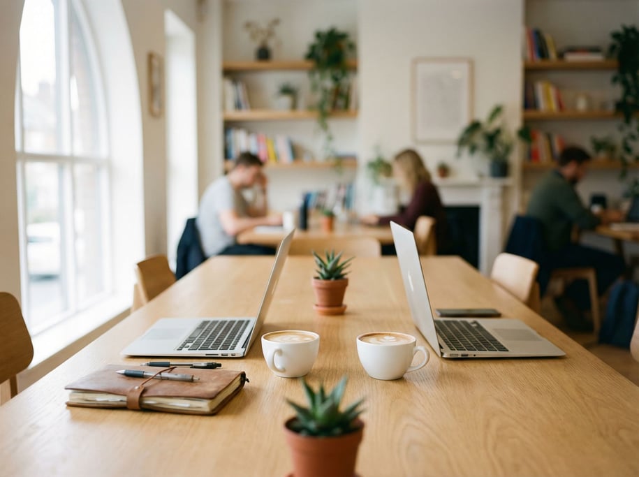 A shared modern coworking table with two laptops facing each other, flat whites between them (0wjahm7j)