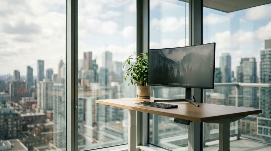 A modern standing desk near floor-to-ceiling windows, ultrawide monitor, single plant (tjdddc9l)