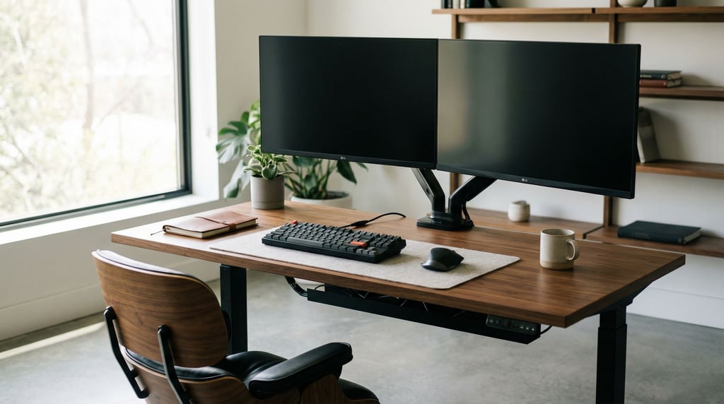 A modern workspace with dual monitors on a sit-stand desk, cable-managed, warm wood and matte black (o7k2rtkn)