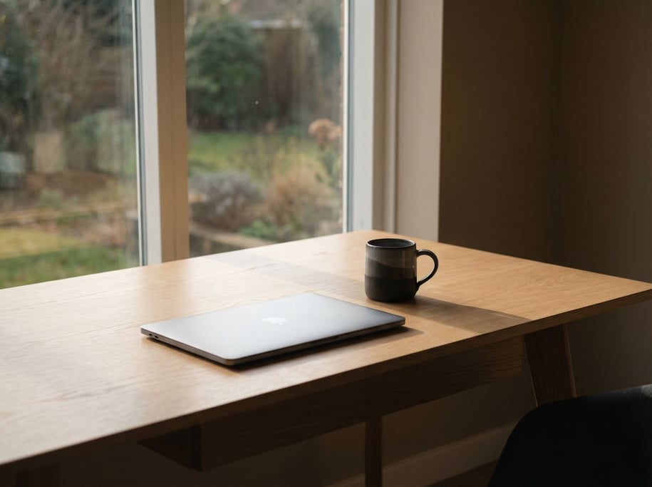 A clean minimal desk with a single laptop and ceramic coffee mug (7zutvdxp)