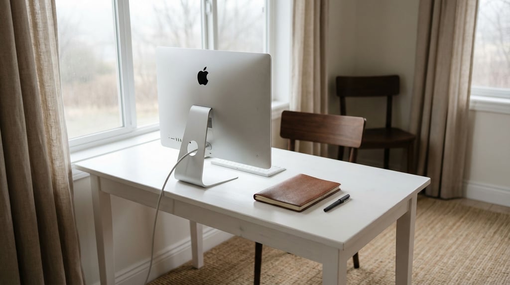 A clean white desk with an iMac, single notebook, and a pen, everything aligned and minimal (efttktos)