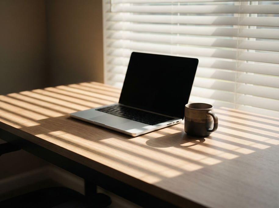A clean minimal desk with a single laptop and ceramic coffee mug