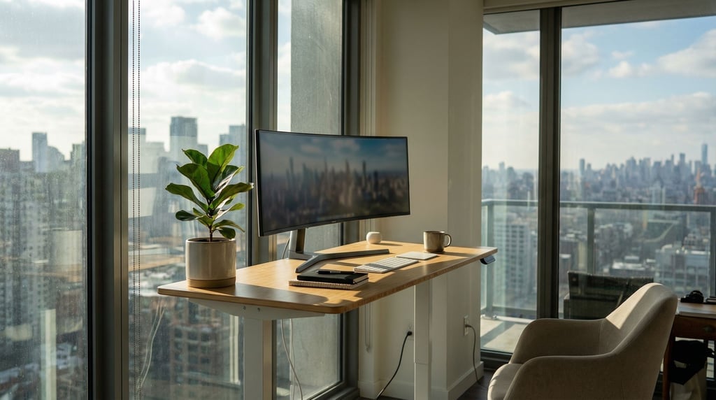 A modern standing desk near floor-to-ceiling windows, ultrawide monitor, single plant (im0brem)