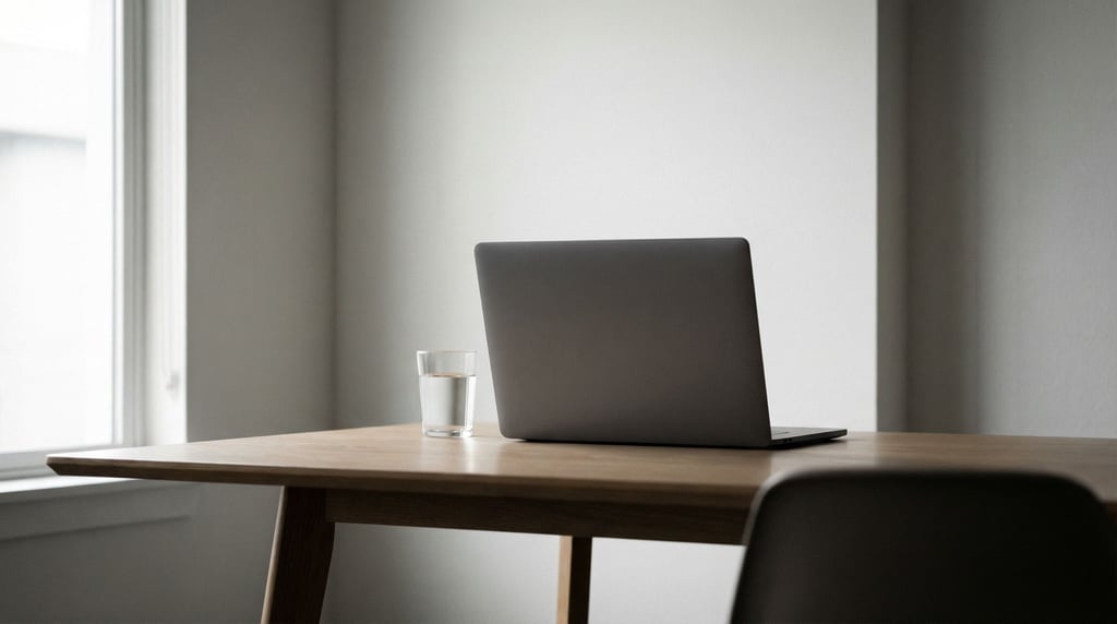 An empty minimal desk with just a closed laptop and a glass of water, clean white walls (t0wavmzr)