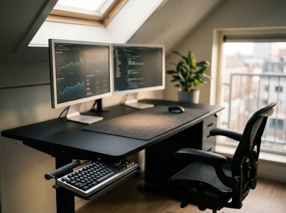 A modern workspace with dual monitors on a sit-stand desk, cable-managed (khtkvq)