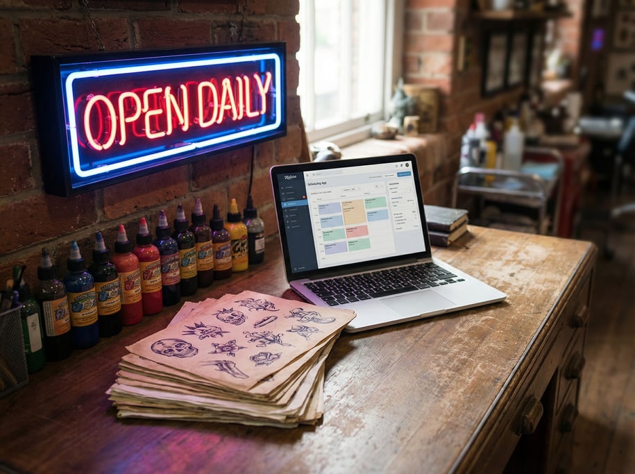 A tattoo parlor office nook, laptop next to flash sheets and ink bottles