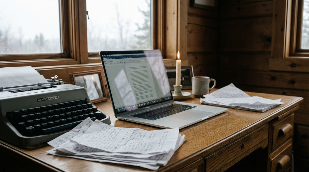 A writer's cabin desk, vintage typewriter pushed to the side, laptop open