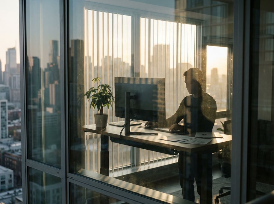 A modern standing desk near floor-to-ceiling windows, ultrawide monitor, single plant (i4aqcsk)