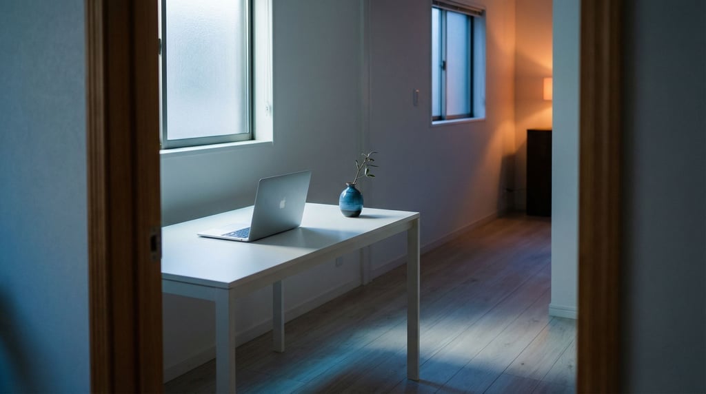 A minimalist white desk with a MacBook and a single blue ceramic vase (dcrapybi)