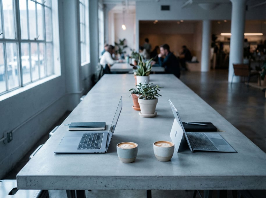A shared modern coworking table with two laptops facing each other, flat whites between them (1uoqtp71)