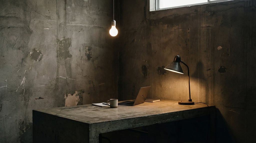 A brutalist concrete office interior, slim laptop on a poured concrete desk, single pendant bulb
