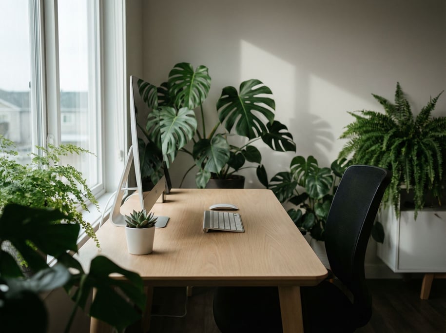 A sleek home office with a slim monitor on a white oak desk, wireless keyboard, single succulent (vyuexv4w)