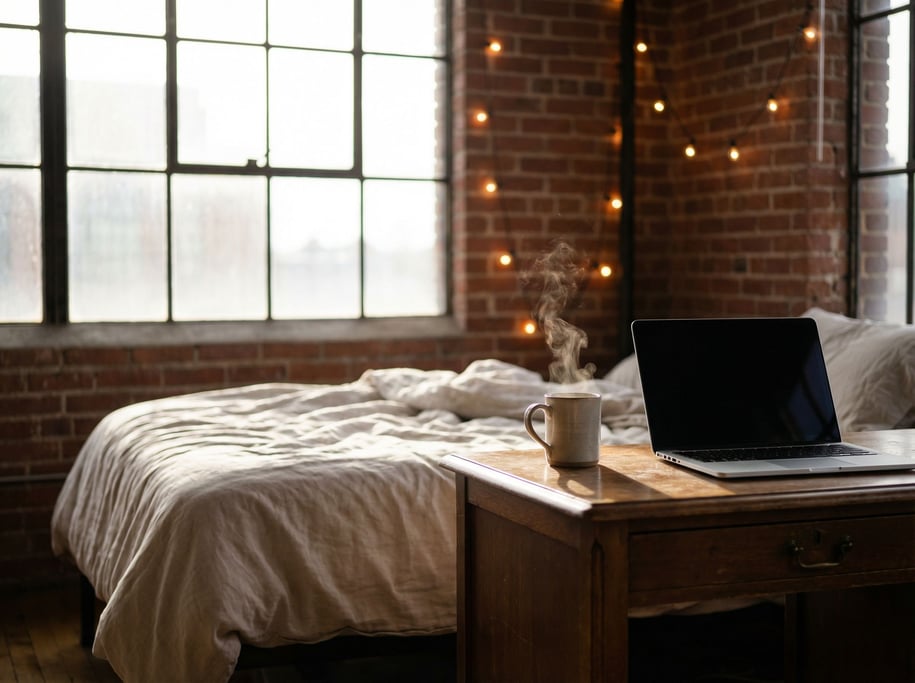 A loft bedroom workspace, laptop on a desk at the foot of an unmade bed, exposed brick wall (9apmgynk)