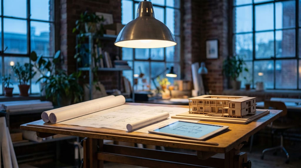 An architect's drafting table with blueprints, a scale model, and a slim tablet