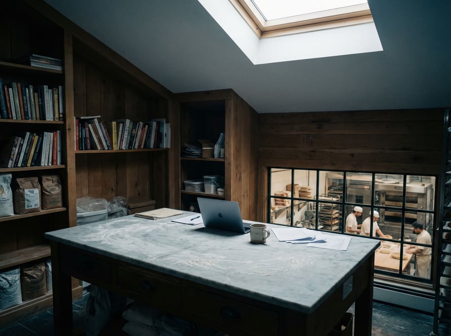 A bakery office above the kitchen, laptop on a flour-dusted marble counter (dqscfnkv)