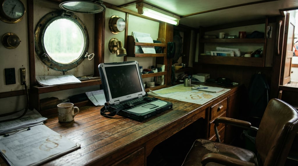 A boat cabin workspace, laptop secured on a narrow teak desk