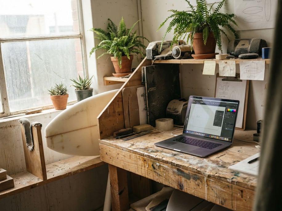 A surfboard shaper's workshop office, laptop on a resin-stained bench