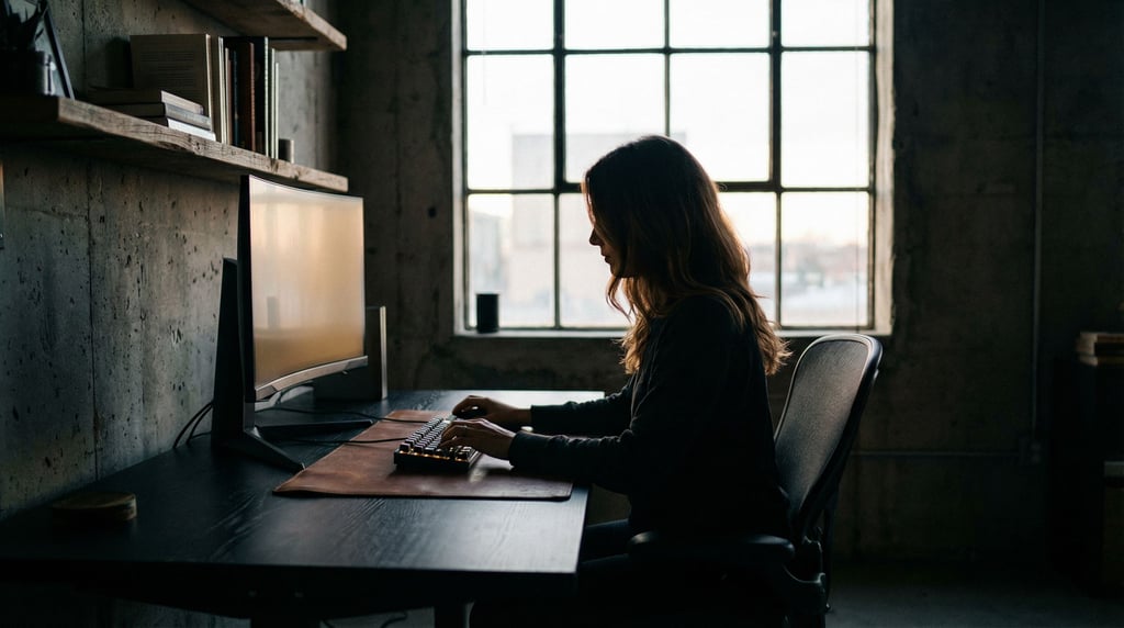 A dark moody workspace with a matte black desk, mechanical keyboard (exynqg2b)