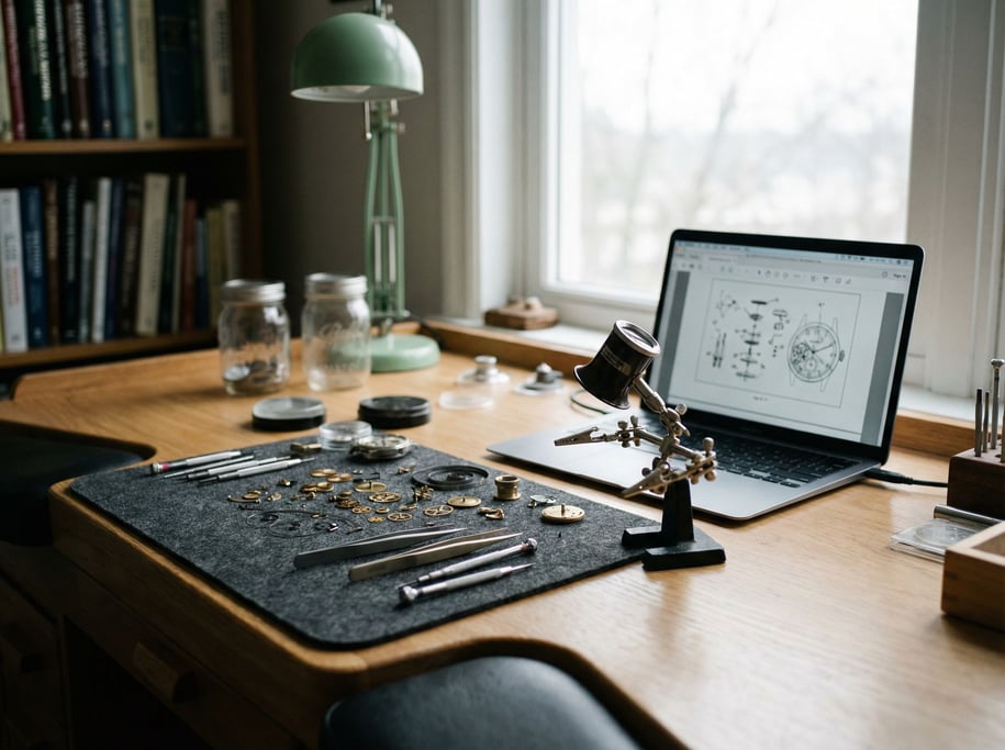 A watch repair workspace, laptop next to a magnifying loupe stand