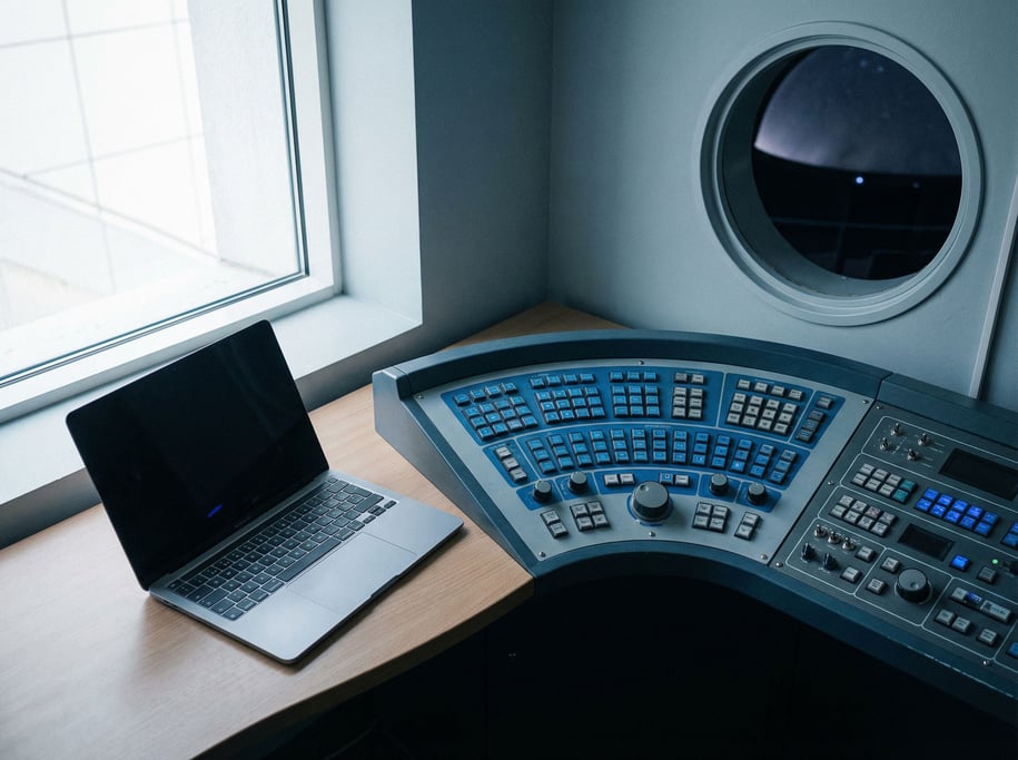 A planetarium control room, laptop next to a bank of dimmed switches (wikuemlk)
