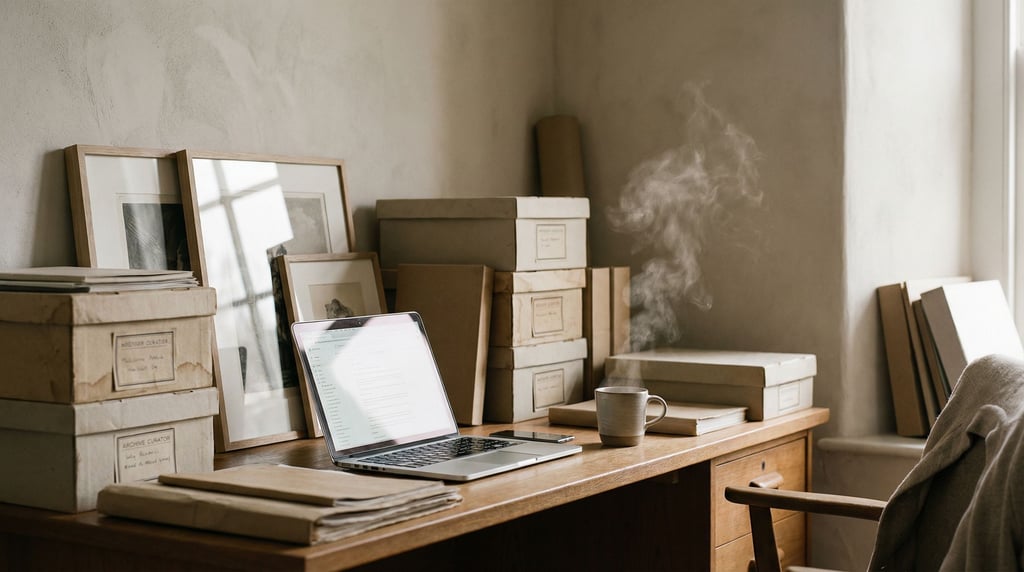 A museum curator's back office, laptop surrounded by archive boxes and framed prints leaning against (apluhn)
