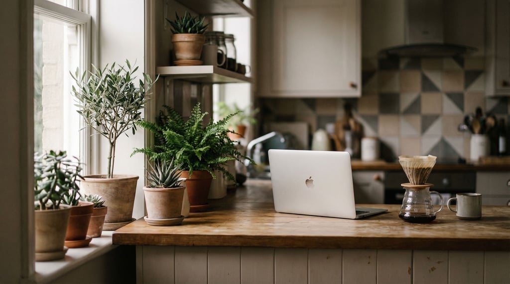 A modern kitchen counter repurposed as a workspace, MacBook next to a pour-over coffee setup (b5e3dgjm)