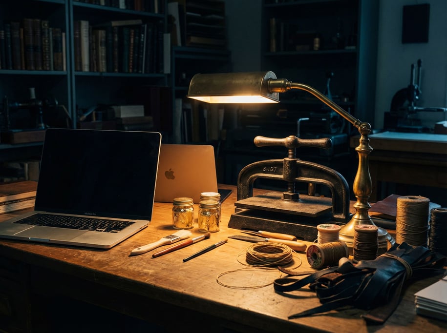 A bookbinder's studio, laptop next to a book press and gold leaf tools