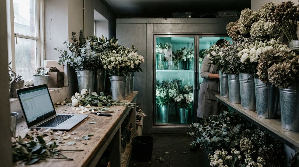 A florist's back room workspace, laptop surrounded by buckets of stems, petals on the counter