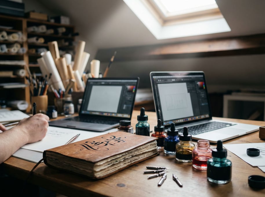 A calligrapher's workspace, laptop next to ink bottles, nibs (okes5c)