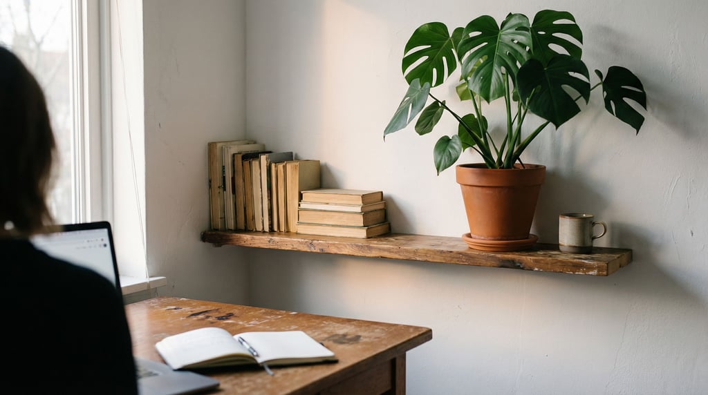 A home office corner with a monstera plant, books stacked on a floating shelf (k3dzlp3n)