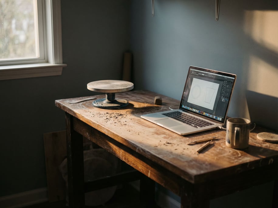A ceramicist's workbench doubling as a desk, laptop next to a pottery wheel (ktgj4s)