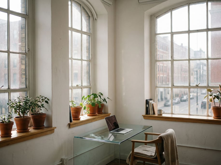 A bright airy studio with white walls, large windows, a glass desk with a slim laptop (ghwyusj)