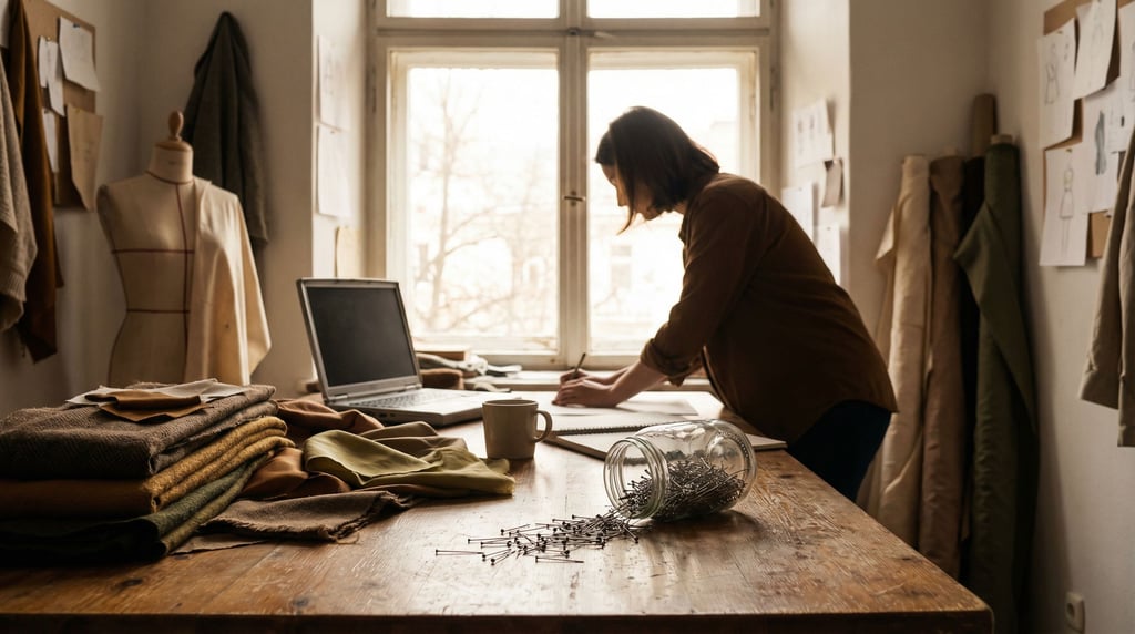 A fashion designer's atelier workspace, laptop next to fabric swatches and a dress form (s5z47sjj)