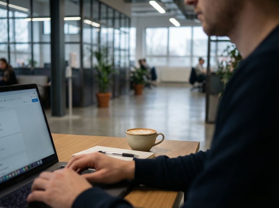 A modern coworking space with polished concrete floors, steel and glass partitions (fbemzfmq)