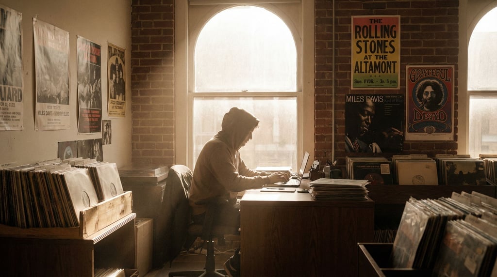 A record store office, laptop on a desk surrounded by stacked vinyl (nyacgnb9)