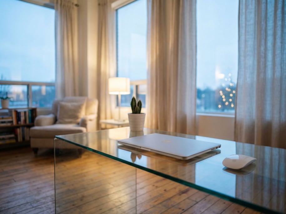 A glass-top desk with a slim laptop, wireless mouse, and a small cactus (p71daadl)