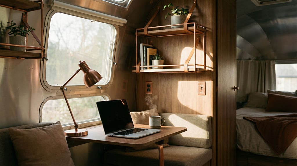 A vintage Airstream interior converted to an office, compact desk with a laptop (zpqjqp6m)