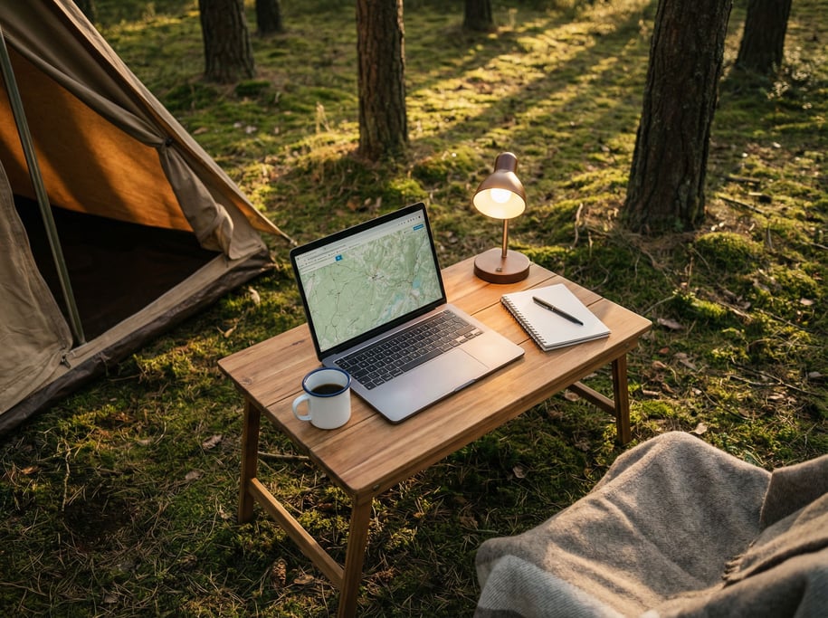 A camping setup workspace, laptop on a portable table outside a tent, forest clearing (2esvzjdl)