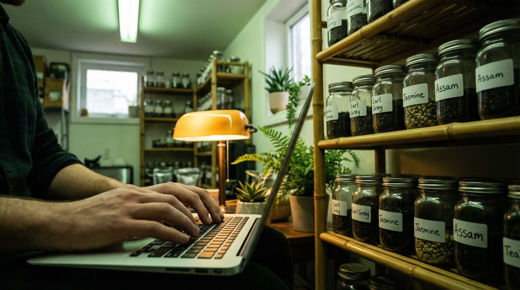 A tea shop back office, laptop next to rows of labeled tea canisters, bamboo shelf, warm amber light (msz1enx2)