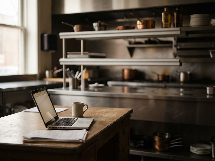A restaurant kitchen office, laptop on a stainless steel prep station after hours