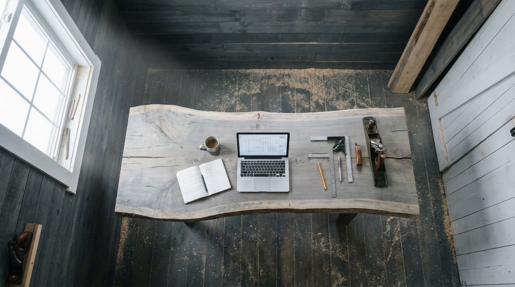 A woodworker's office in the corner of a sawmill, laptop on a live-edge slab desk (ssojxsdl)