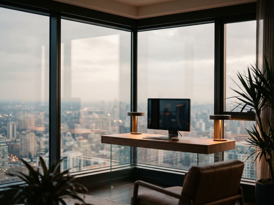 A penthouse home office with wraparound windows, slim desk floating against the glass (k4dbnqgg)
