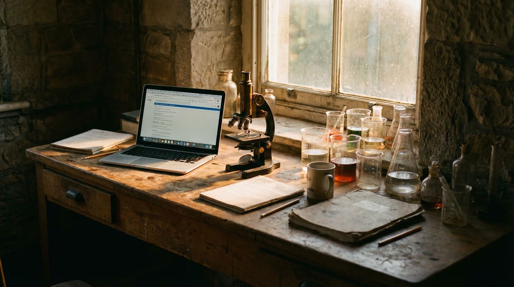 A scientist's lab bench doubling as a workspace, laptop next to a microscope (jaih6aim)