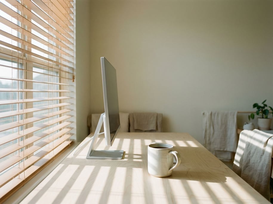 A minimal Scandinavian desk setup, light birch wood, slim monitor, single ceramic mug (1d0ogtjy)