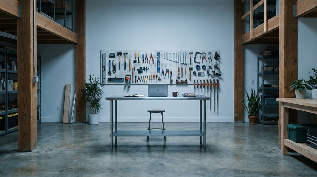 A converted garage workshop, laptop on a steel workbench, tools hanging on pegboard behind