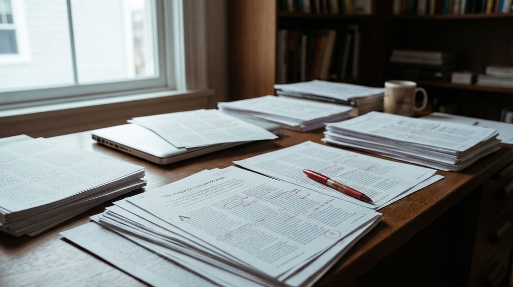 A magazine editor's desk piled with printed layouts, laptop barely visible among the paper