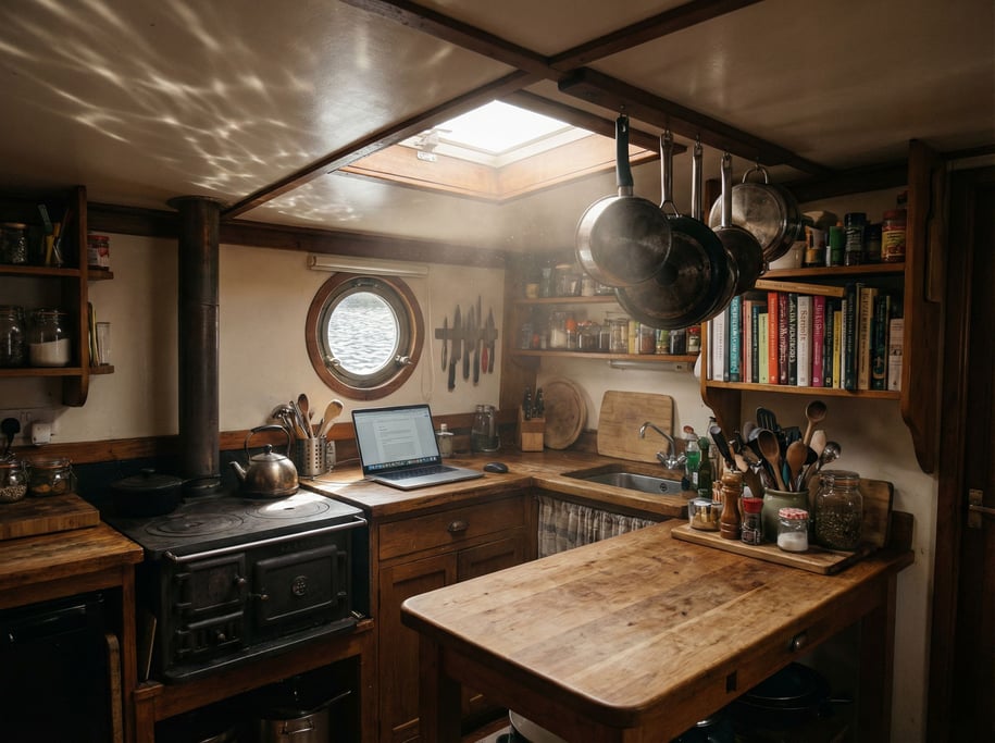 A houseboat galley workspace, laptop wedged between the stove and a porthole (g5i0q2fz)